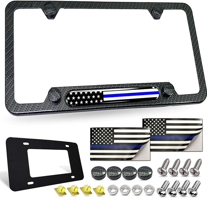 Police Thin Blue Line License Plate Frame- Patriotic Carbon Fiber Car Tag Holder by FBJTDQ