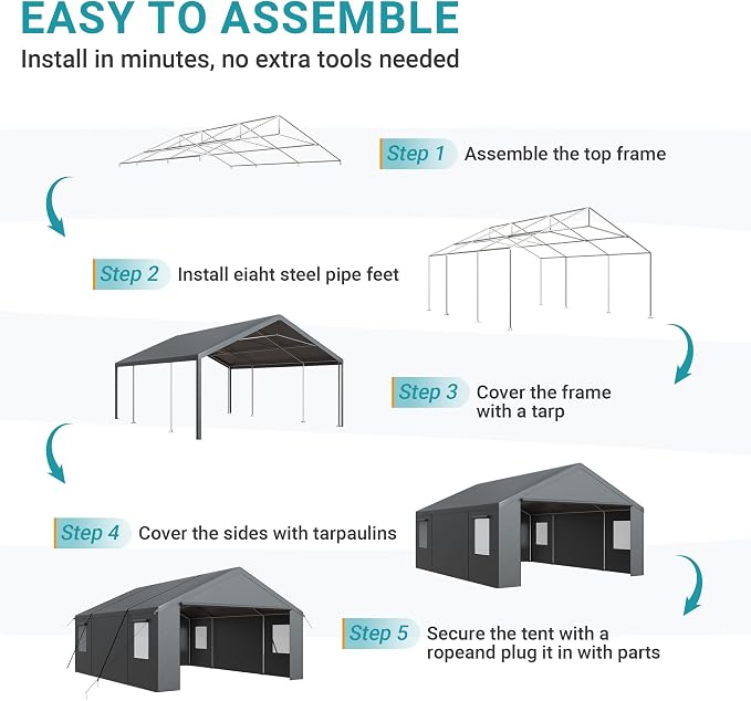 Carport, Heavy Duty Car Port 20x20 FT, Large Car Canopy - Image 6