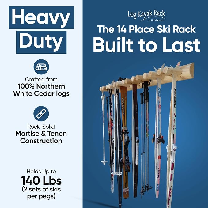 14-Place Log Ski Rack Wall Mount, Indoor Ski Storage Rack - Image 3
