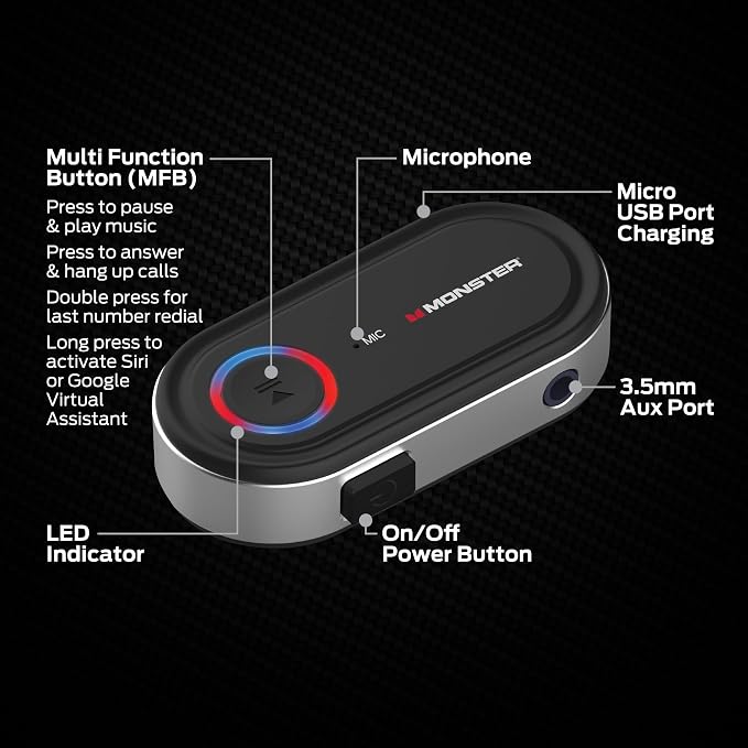 Monster Bluetooth Receiver for Car and Home, Microphone, Google Voice & Siri - Image 2