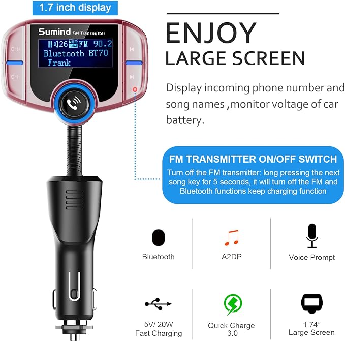 Upgraded Bluetooth FM Transmitter, Wireless Radio Adapter Hands Free Car Kit - Image 3