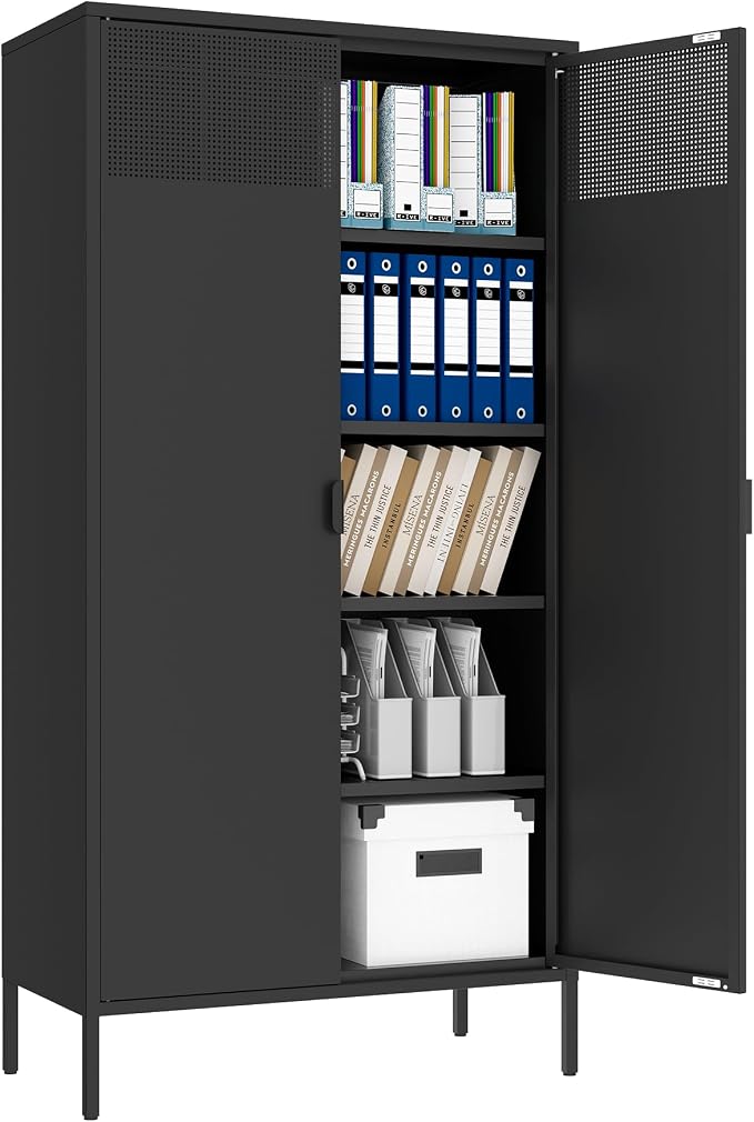Metal Storage Cabinets with 4 Adjustable Shelves，Black Metal File Cabinet by Washsemba