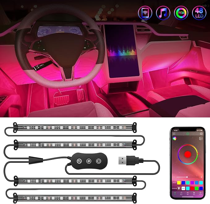 Nilight 4PCS USB Interior Car Lights 48 LEDs RGB LED Strips Lights by Nilight