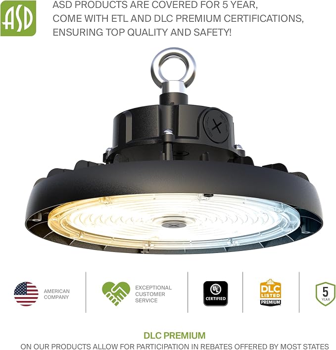 ASD LED High Bay UFO Light Fixture, Commercial Shop Lighting | 3CCT, IP69K - Image 9