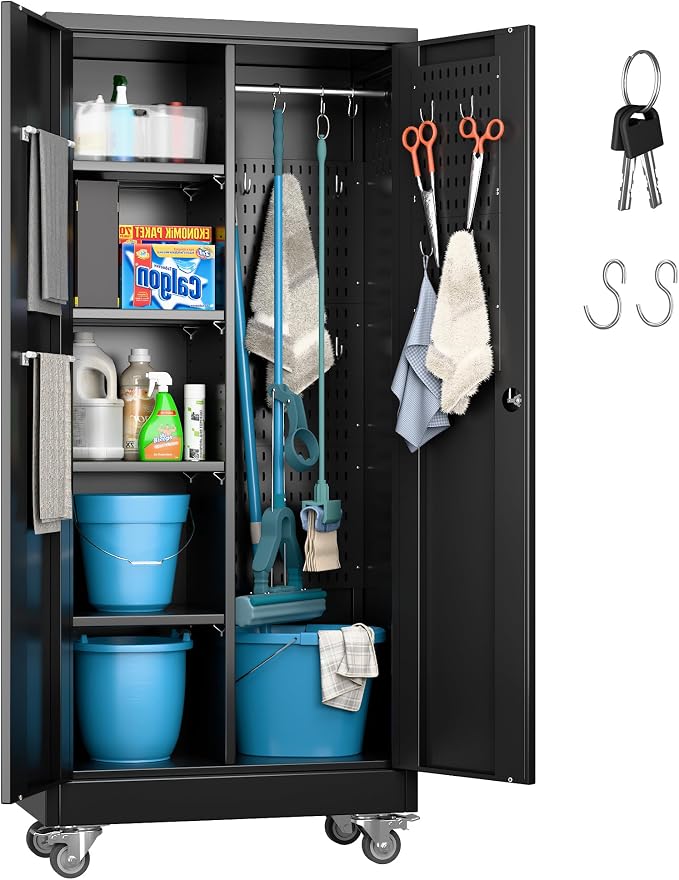 Garage Storage Cabinet with Wheels, 61.7" H Broom Closet Storage Cabinet with by GANGMEIMENTALSTORAGECABINET