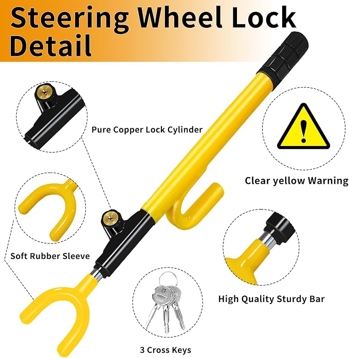 Steering Wheel Lock, Heavy Duty Anti-Theft Car Device, Adjustable Length Locking - Image 3