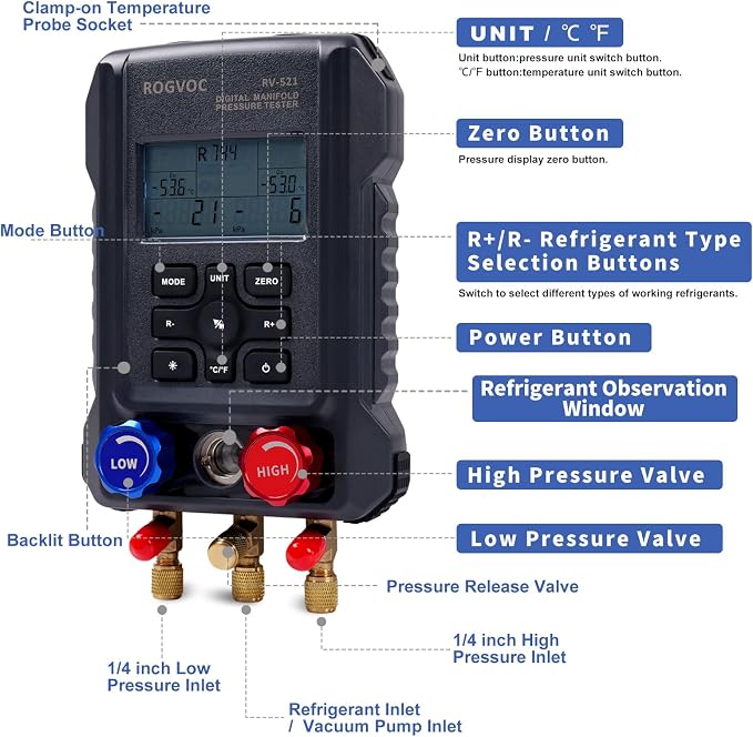 Digital Manifold Gauge, HVAC Refrigerants Digital AC Gauges Set - Image 2