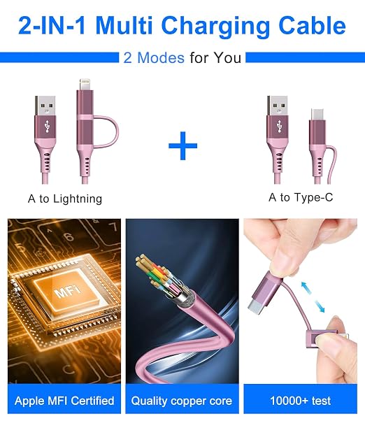 USB to USB C and Lightning Pink Car Charger Cable - Image 3