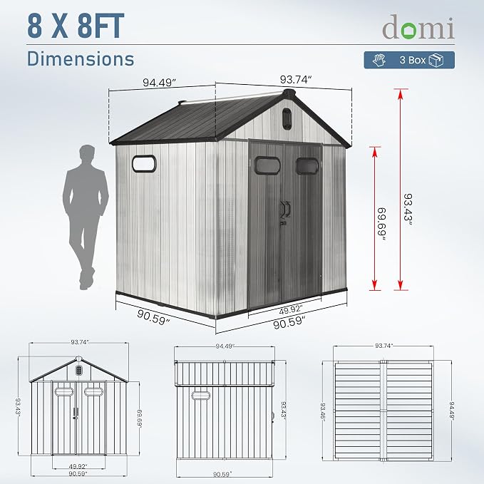 Domi 8x8 FT Outdoor Resin Storage Shed, All-Weather Double-Wall Storage Building - Image 3