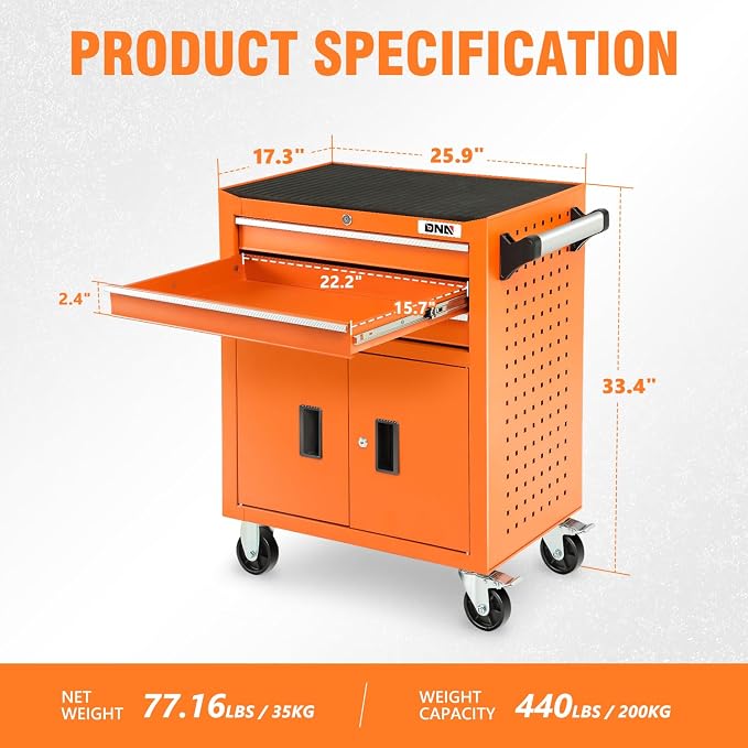 DNA MOTORING 3-Drawer Rolling Tools Chest, Rolling Tool Storage Cabinet - Image 3