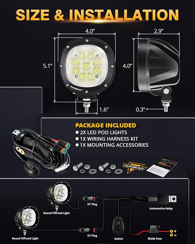 Auxbeam P4 Series Flood Beam LED Pods 4 Inch 90W Round Offroad Fog Lights - Image 5