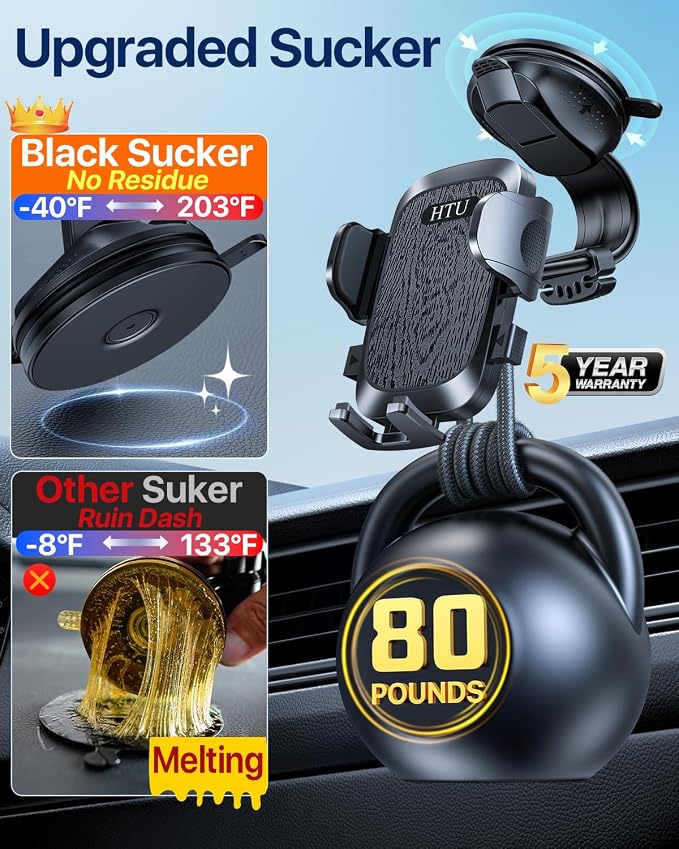 HTU Upgraded Strongest Suction Car Phone Holder Bendable Arm, Never Block View - Image 2