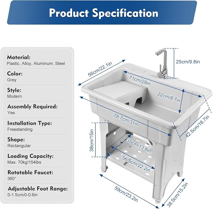 Freestanding Utility Sink Plastic Laundry Tub Spacious Sink - Image 8