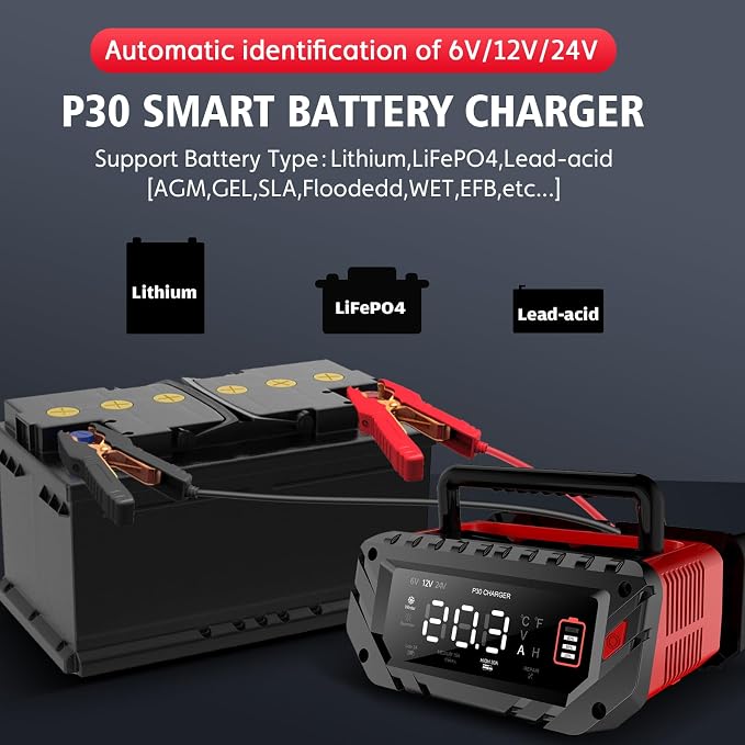 30 Amp Lithium Battery Charger, 6V/12V/24V Lifepo4, Lead-Acid Portable Car - Image 2