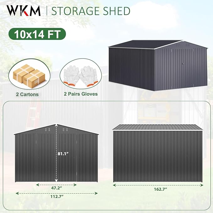 WKM 10x14 FT Outdoor Storage Shed, Utility Metal Tool Storage - Image 3