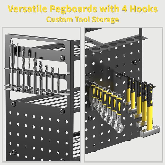 Power Tool Organizer Wall Mount, Pegboard Side Panels, 4 Long Hooks, Large Tool - Image 2