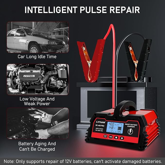 LVYUAN 40Amp Smart Car Battery Charger, 12V/24V Automotive Charger, Lead-Acid - Image 7