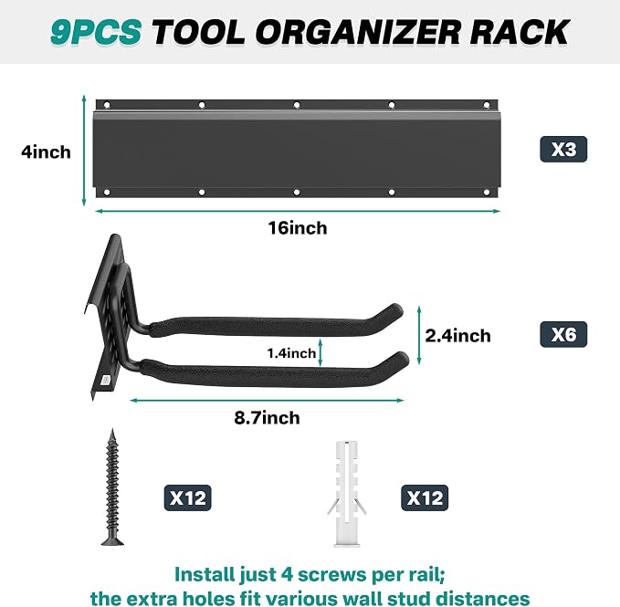 EVERHANGER Garage Tool Storage Organizer, Wall Mount Garden Tool Rack - Image 2