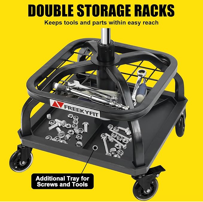 Rolling Shop Stool with Wheels, Garage Work Mechanic Stool with Backrest - Image 2