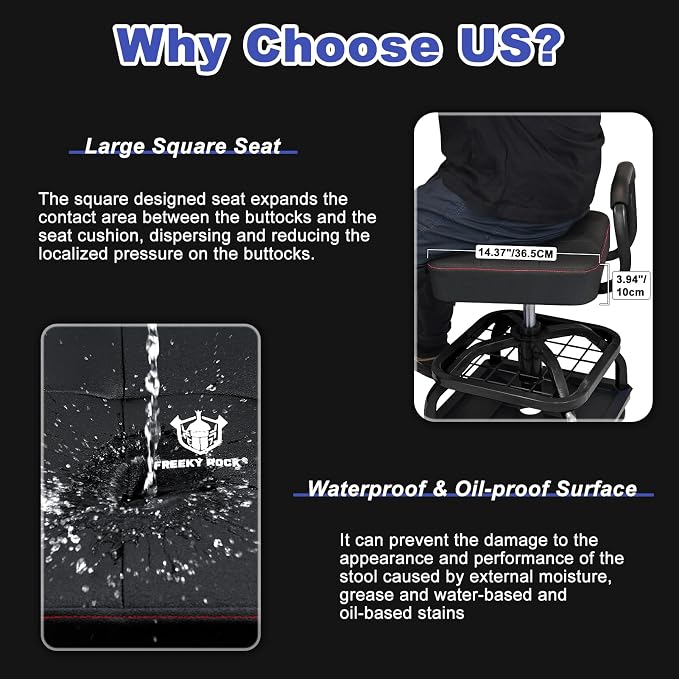 Rolling Shop Stool with Wheels, Garage Mechanic Shop Chair with Handle Backrest - Image 5
