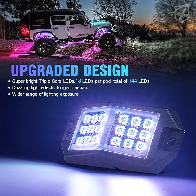 Xprite 8 Pods Rock Lights Wide Angle Bluetooth RGB Rocklights, Compatible Jeep - Image 2