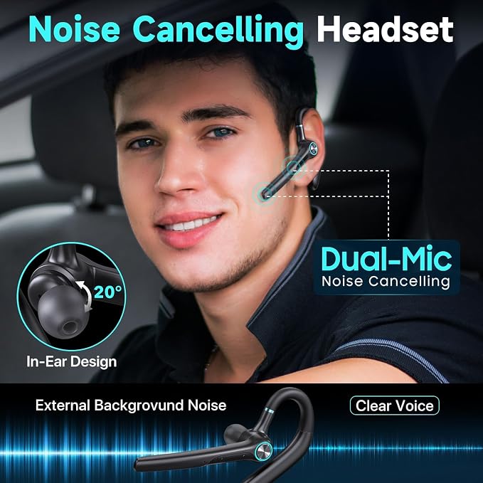 Bluetooth Headset Wireless Earpiece 60Hrs Playback Built-in Dual Mic Noise - Image 3