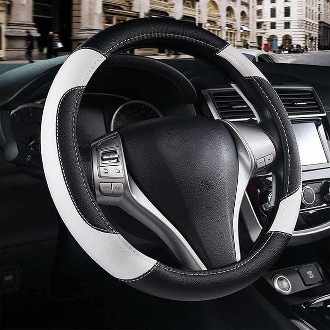 Leather Car Steering Wheel Cover, Non-Slip Car Wheel Cover Protector Breathable by Szttswamp