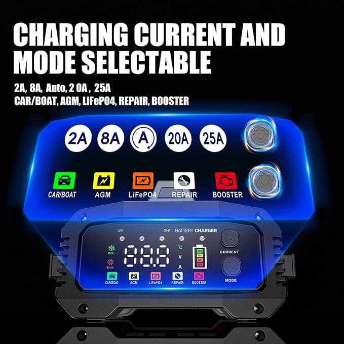 25A Battery Charger, 2/8/20/25 Amp 12V/24V LiFePO4 Lead Acid Fully Automatic - Image 6