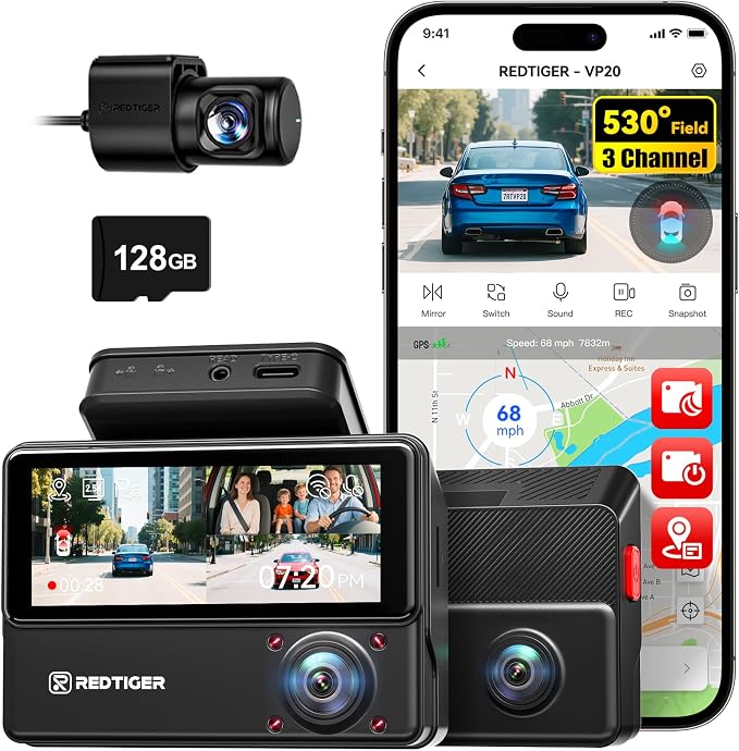 REDTIGER 530° Dash Cam 3 Channel, 2.5K+2.5K+1080P Triple Car Camera by REDTIGER