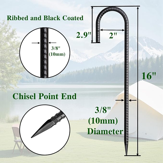 16 Inch Rebar Stakes J Hook 26 Pack Ground Stakes Heavy Duty Tent Stakes - Image 2
