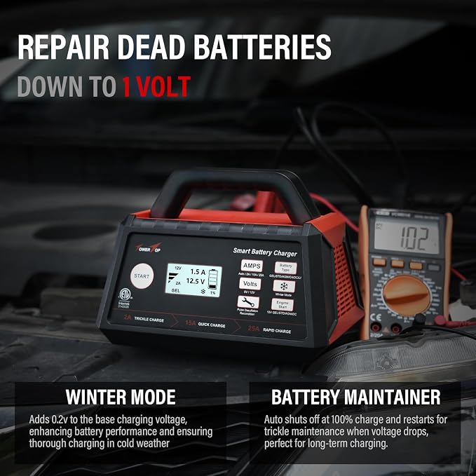 TowerTop 2/15/25 Amp Car Battery Charger, 6V/12V Fully Automatic Smart Battery - Image 3