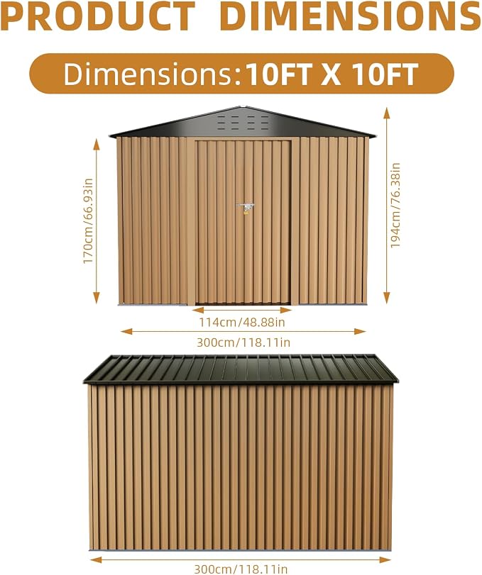 10x10FT Outdoor Metal Storage Shed, Lockable Weatherproof Garden Shed - Image 2