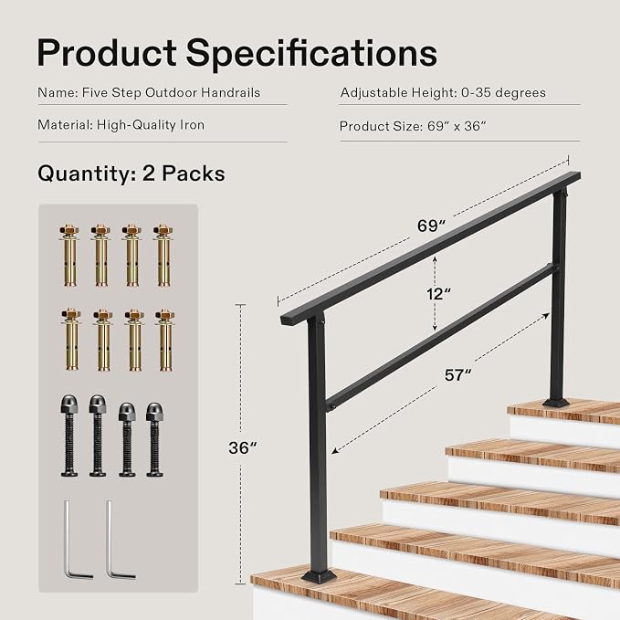 VIVOSUN 2-Pack Outdoor Handrail, 5 Step Stair Handrail, Wrought Mattle Iron - Image 2