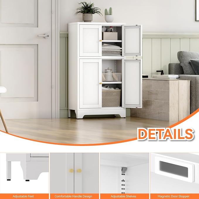 White Bathroom Floor Cabinet, Metal Storage Cabinet - Image 7