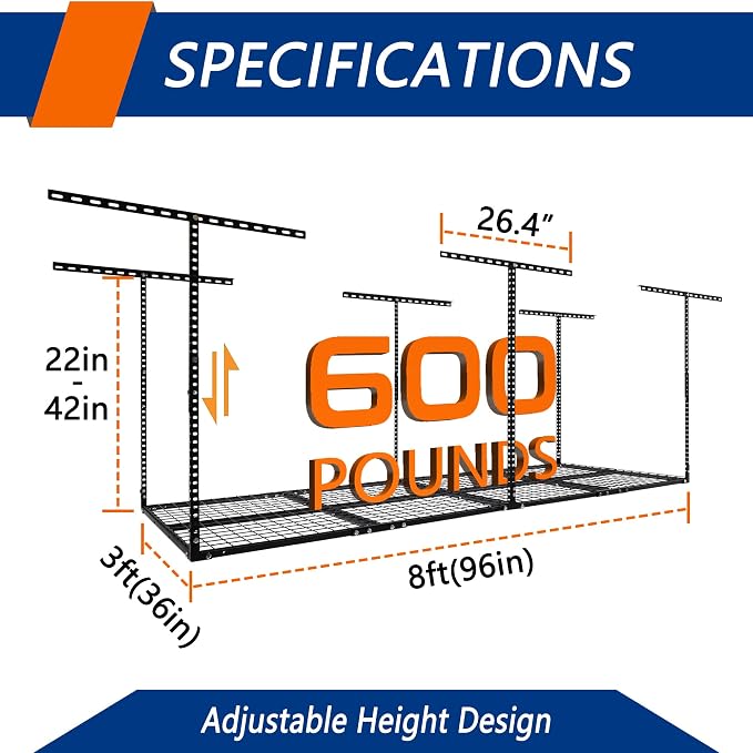 3 x 8FT Overhead Garage Storage Rack, Adjustable Ceiling Storage Racks - Image 2