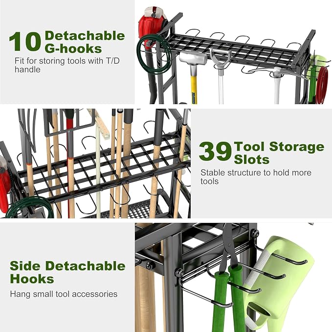 Garden Tool Organizer with Wheels, Large Capacity Garage Tool Rack with Hooks - Image 3