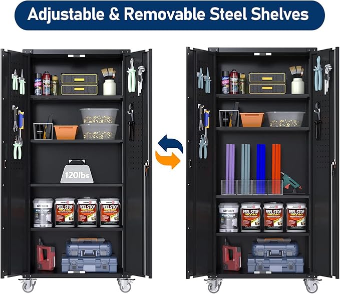 Garage Storage Cabinet with Wheels & Pegboard, Assembly Required - Image 4