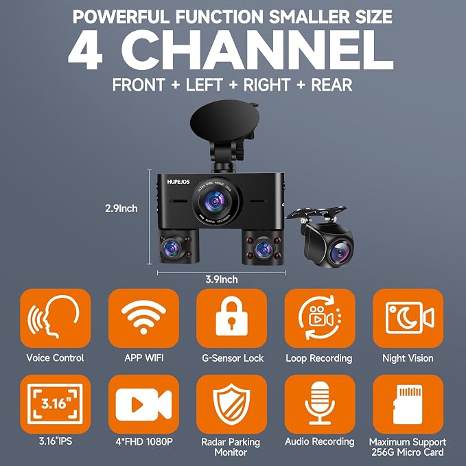 360° Dash Cam Front and Rear Inside, 4 Channel Dash Camera - Image 3