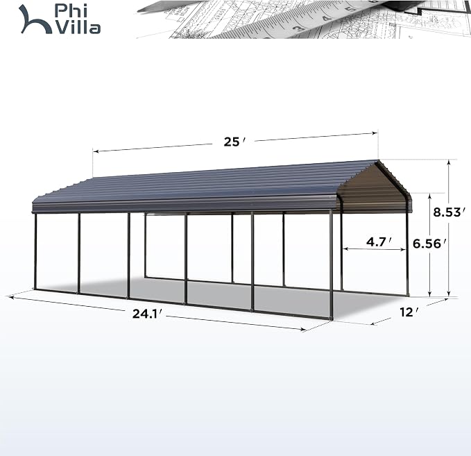 PHI VILLA Outdoor Carport Canopy 12' x 25', Metal Carport Tent Heavy Duty - Image 6