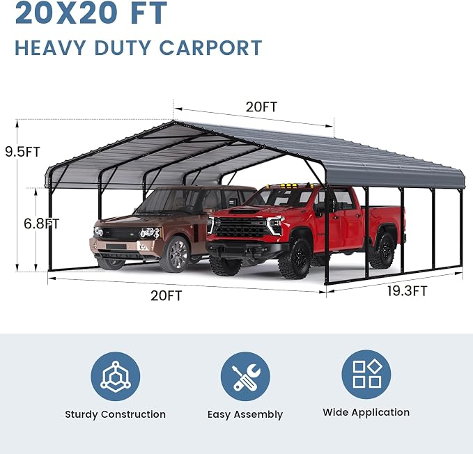 EROMMY 20x20FT Stable Metal Carport, All-Weather Heavy-Duty Carports - Image 2