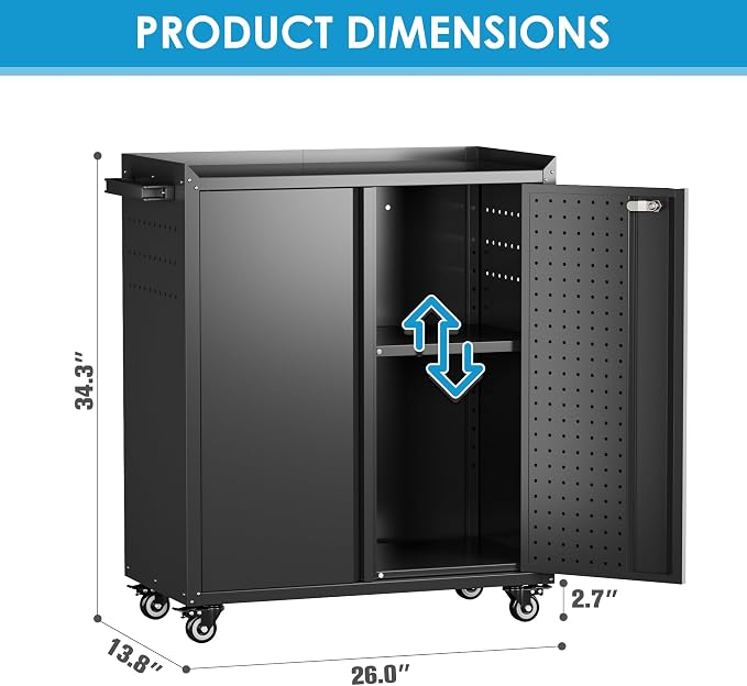 Metal Storage Cabinet with Wheels, Rolling Storage Cabinet with 2 Doors and - Image 2