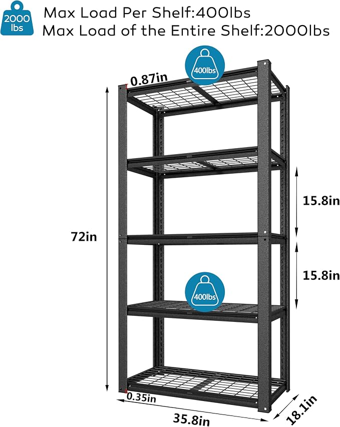MUPATER 35.8" W x 18.1" D x 72" H Metal Storage Shelves, Standing Utility Shelf - Image 3