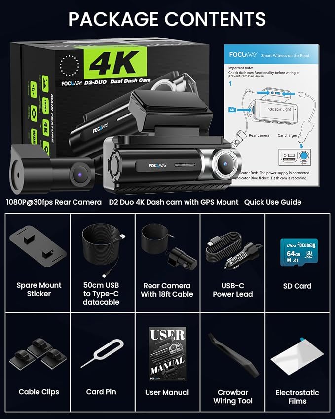 Dash Cam Front Rear 4K Built-in 5G WiFi GPS, Voice Control, 3.39 inch IPS Screen - Image 9