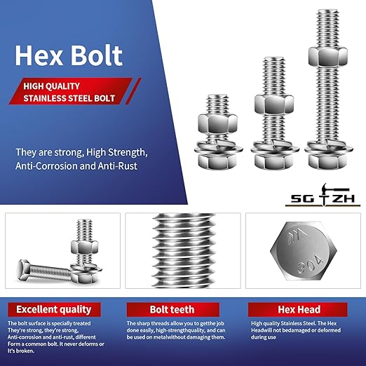 5/16-18 x 1-1/4" Hex Head Screw Bolt, Flat & Lock Washers, Fully Threaded - Image 4