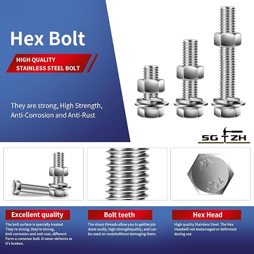 3/8-16 x 1" Hex Head Screw Bolt, Flat & Lock Washers, Fully Threaded, by SG TZH - Image 4