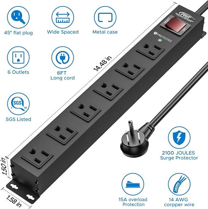 CRST 2Pack 6 Outlet Heavy Duty Power Strip - Image 2
