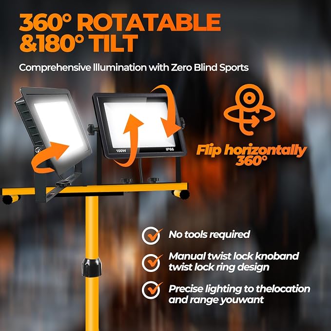 Work Lights with Stand, 2 Adjustable Head LED Work Light，Foldable Tripod Stand - Image 5