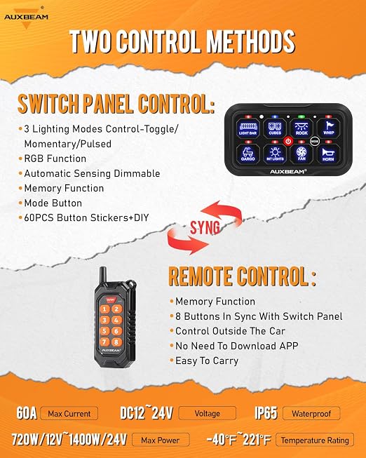 Auxbeam RC800 8 Gang Switch Panel RA84 RGB Wireless Remote Control Up to 165FT - Image 2
