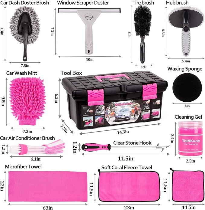 THINKWORK Pink Car Detailing Cleaning Kit, Car Wash Kit, Car Accessories - Image 2