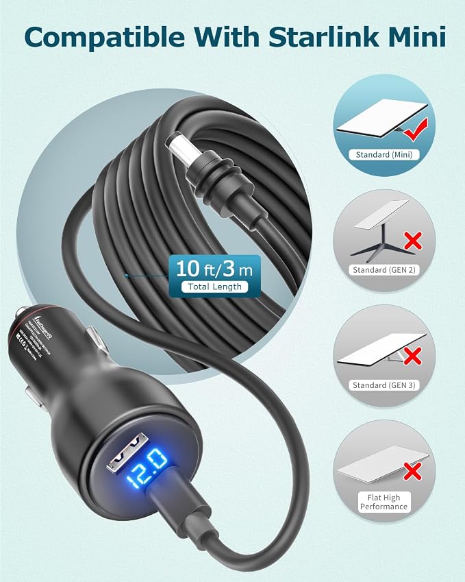 3 in 1 Starlink Mini Cable Cigarette Lighter 10FT Car Adapter - Image 4